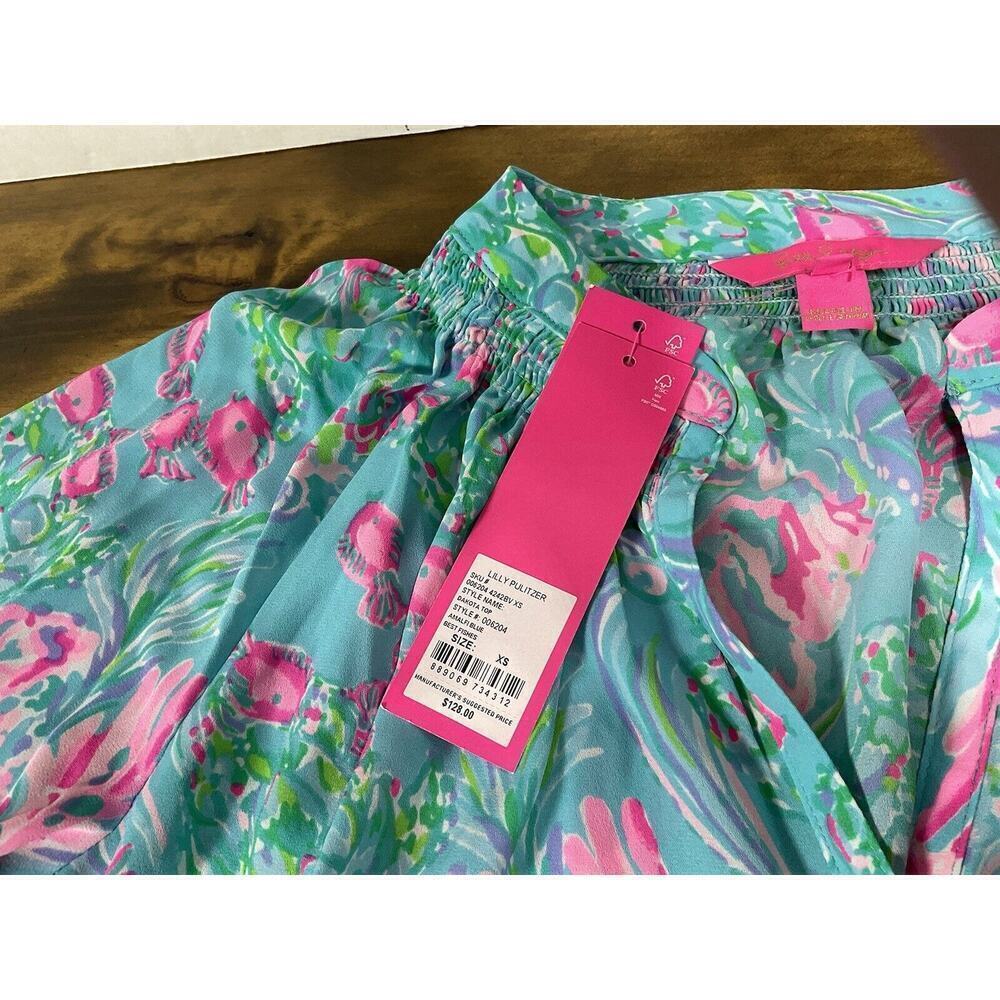 Lilly Pulitzer DAKOTA Top Blouse Amalfi Blue Fishes - Size XS - $128 - Picture 5 of 10